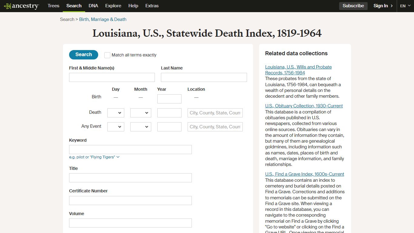 Louisiana, U.S., Statewide Death Index, 1819-1964